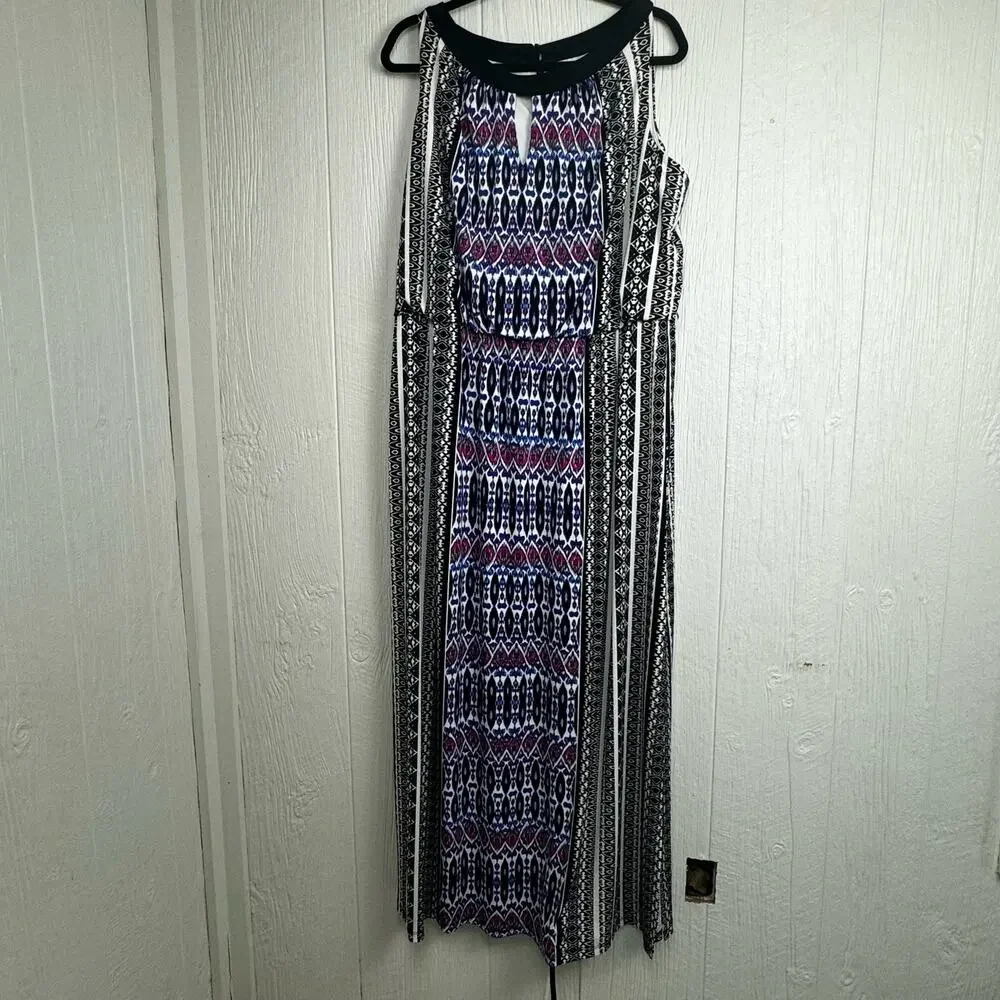 London Times Plus Black Blue Pink Abstract Jersey Stretch Maxi Dress Sz18W Artsy - Picture 3 of 13